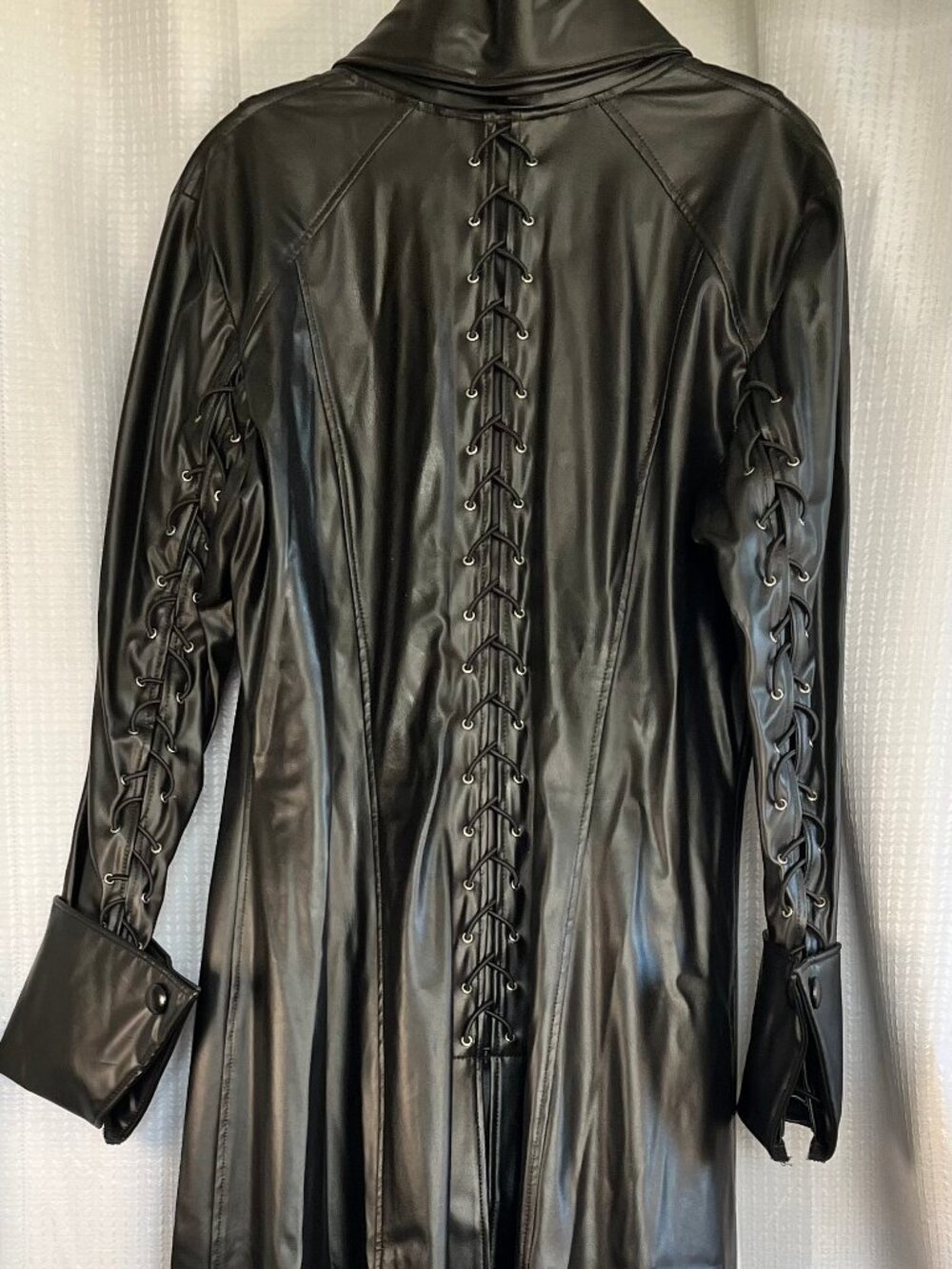 Vintage Novice Gothic Lace Up Back Faux Leather Trench Coat size L